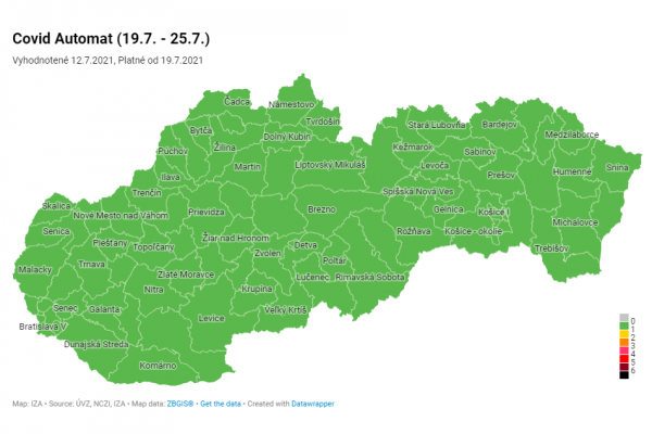 Všetky okresy zostávajú v zelenej farbe, ale reprodukčné číslo rastie